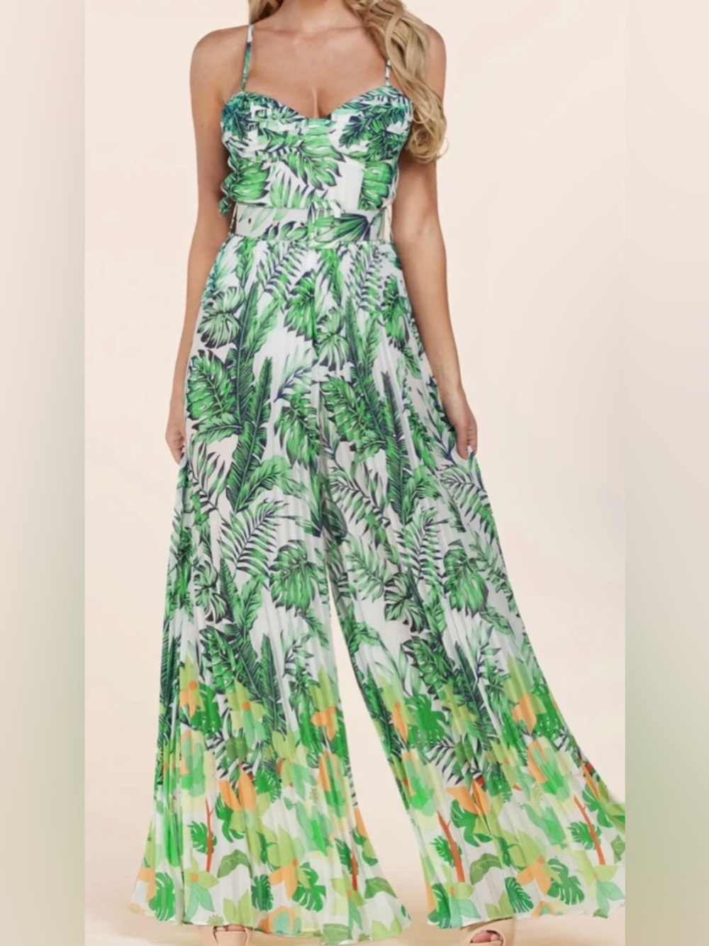L’atiste Tropical Leaf Wide Leg Jumpsuit Green White Pleated M